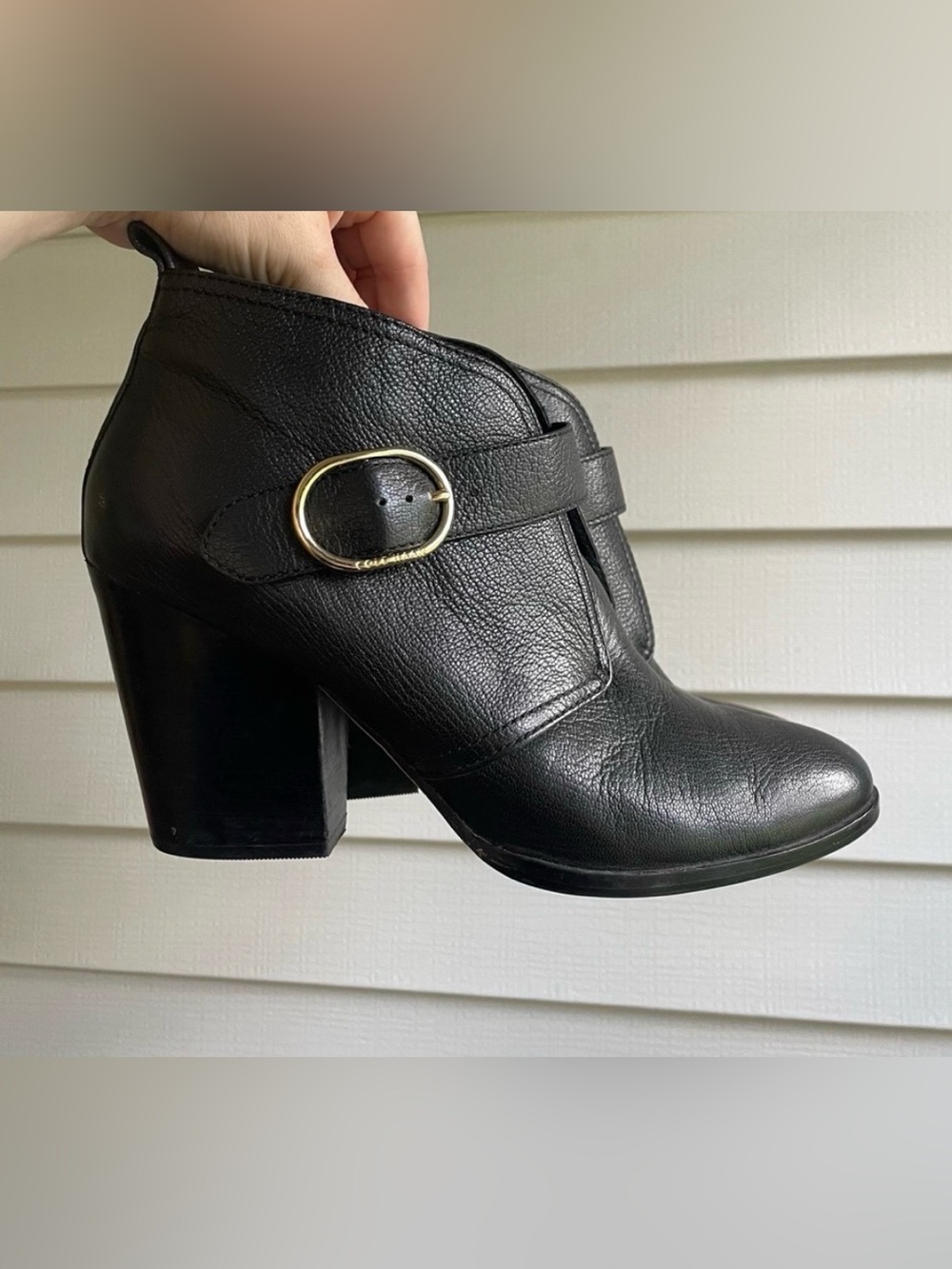 Cole Haan Black Leather Block Heel Ankle Boot with Gold Buckle Size 8